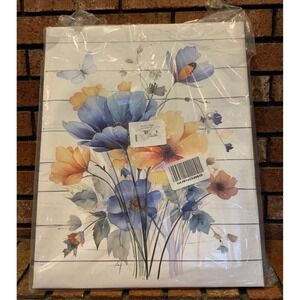 Blue and Yellow Floral Wall Art Watercolor Butterfly Flower Plant Canvas 16"x20"